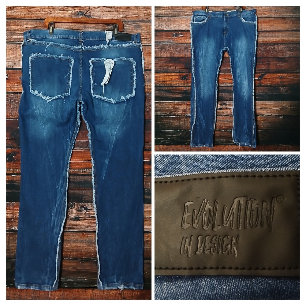 NWT Evolution in Design Jeans Mens 40X32 Slim Mid Rise Frayed Fringe Distressed